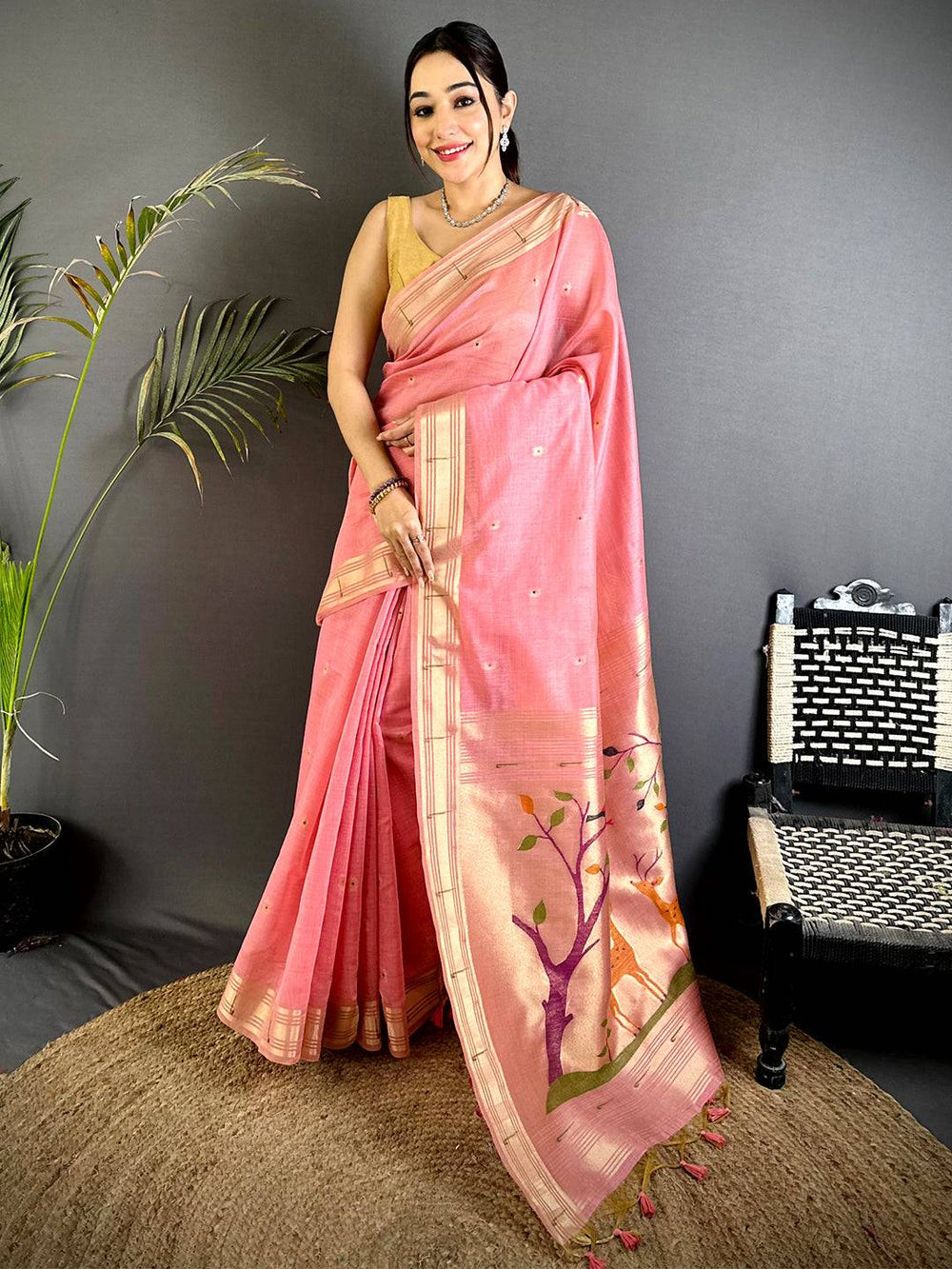Pink Minakari Paithani Khadi Linen Saree