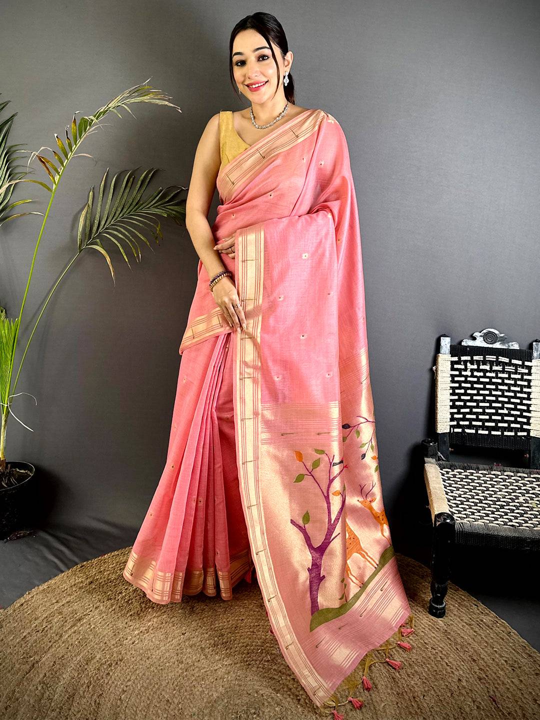 Pink Minakari Paithani Khadi Linen Saree
