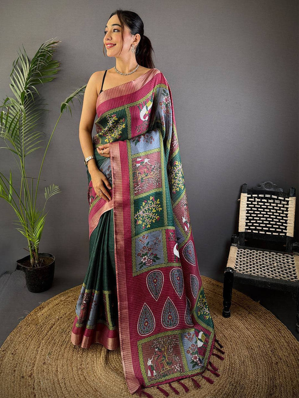 Bottle Green Tussar Kalalmkari Print Saree

