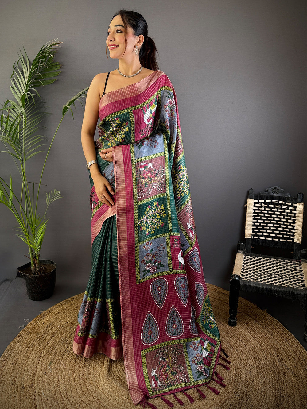 Bottle Green Tussar Kalalmkari Print Saree