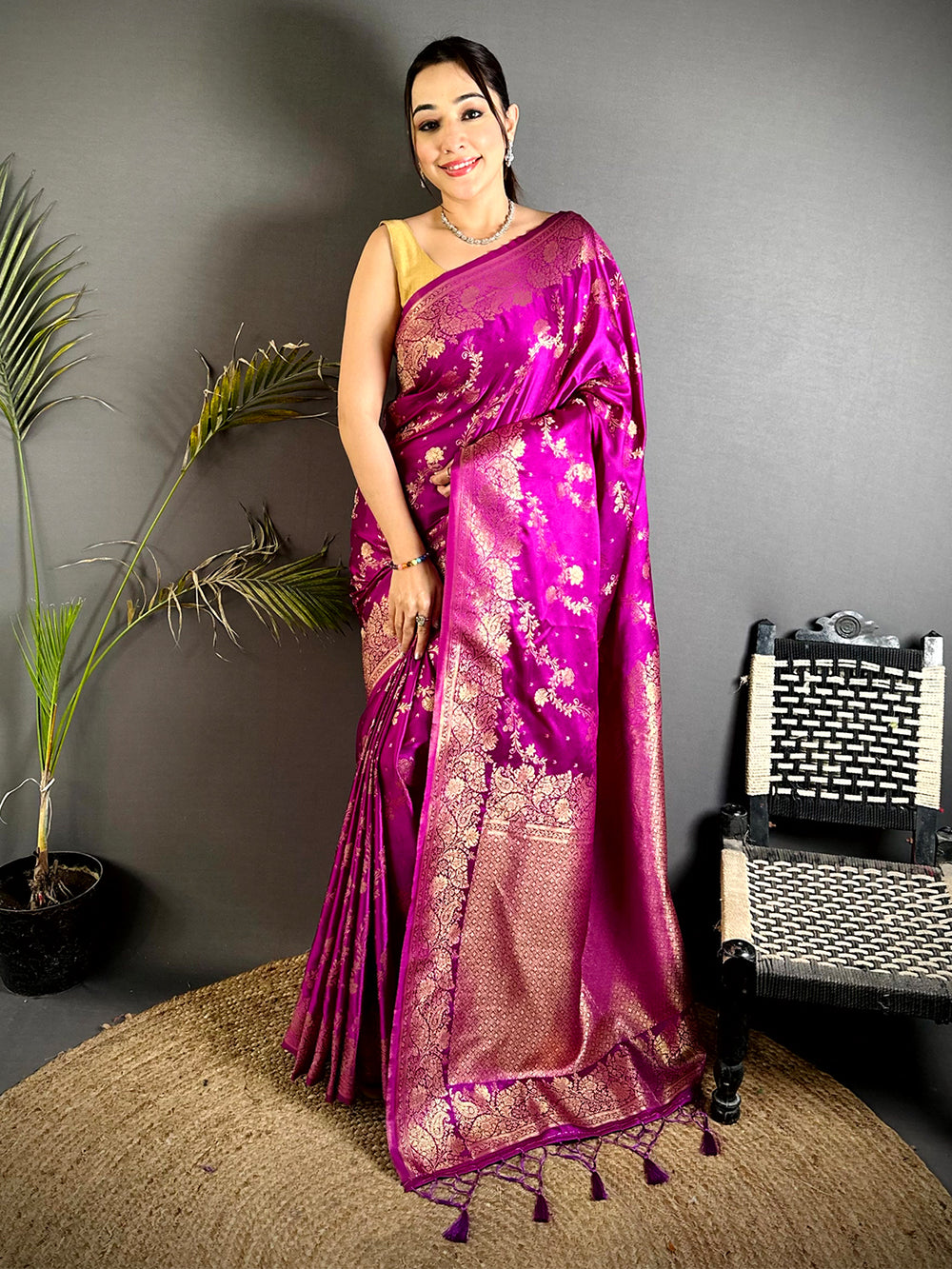 Magenta Satin Silk Zari Weave Saree
