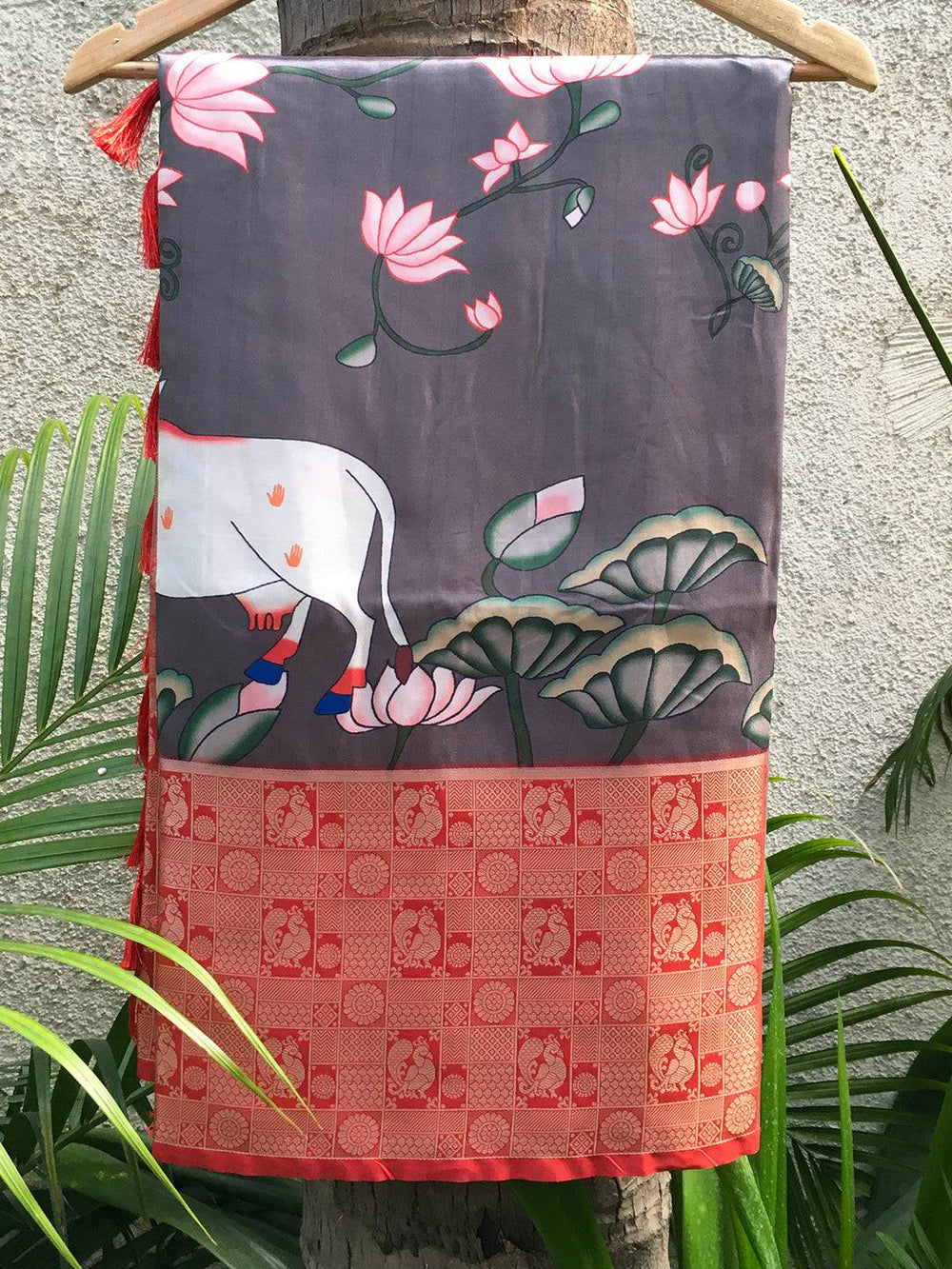 Silk Pichwai Digital Print Grey Saree with Zari Pattu Border