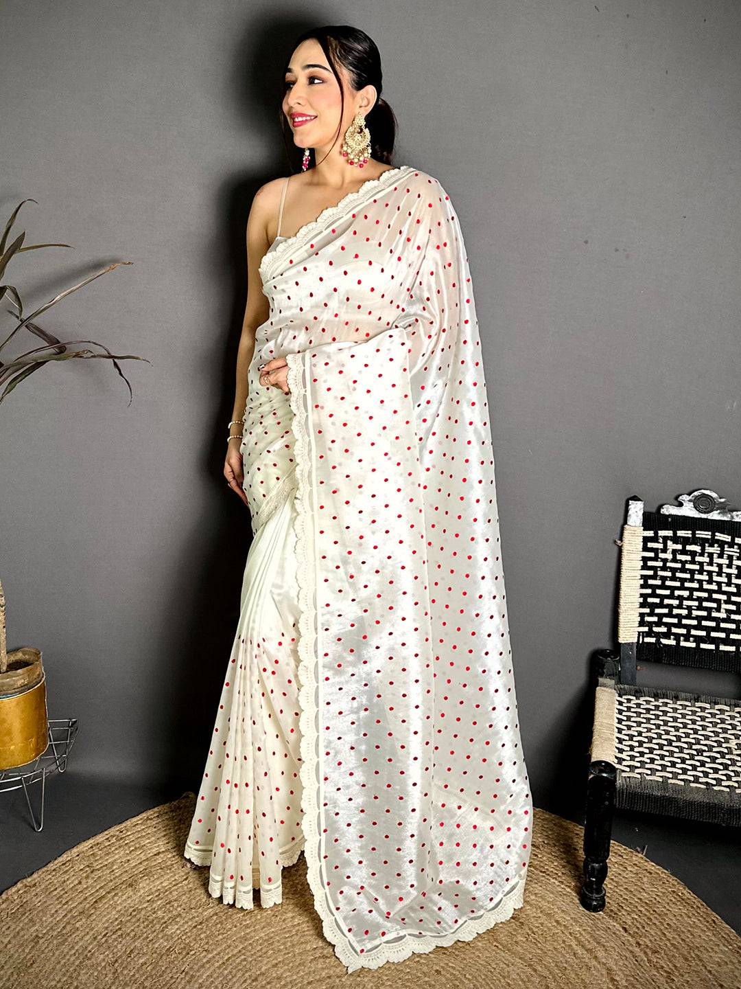 White Soft Tissue Resham Polka Dot Saree