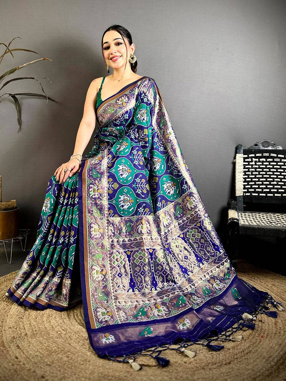 Teal Patola Weave Soft Sami Silk Saree