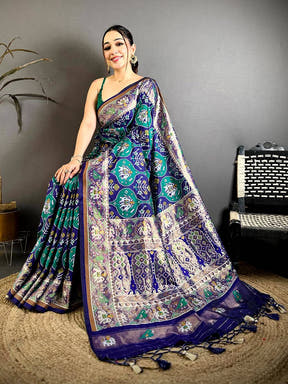 Teal Patola Weave Soft Sami Silk Saree