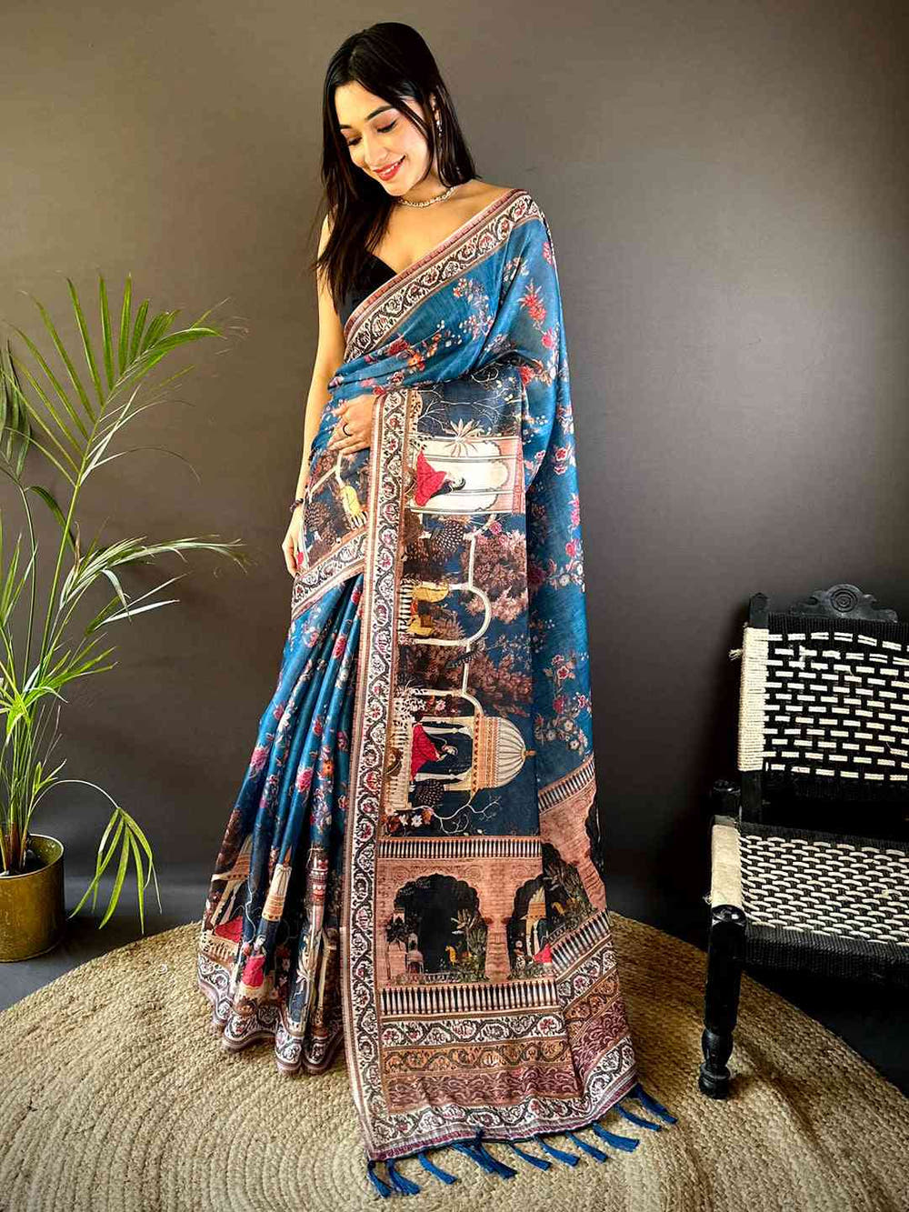 Deep Blue Tissue Chanderi Kalamkari Handprint Saree