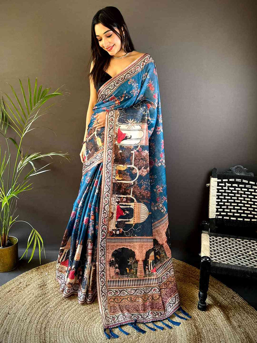 Deep Blue Tissue Chanderi Kalamkari Handprint Saree