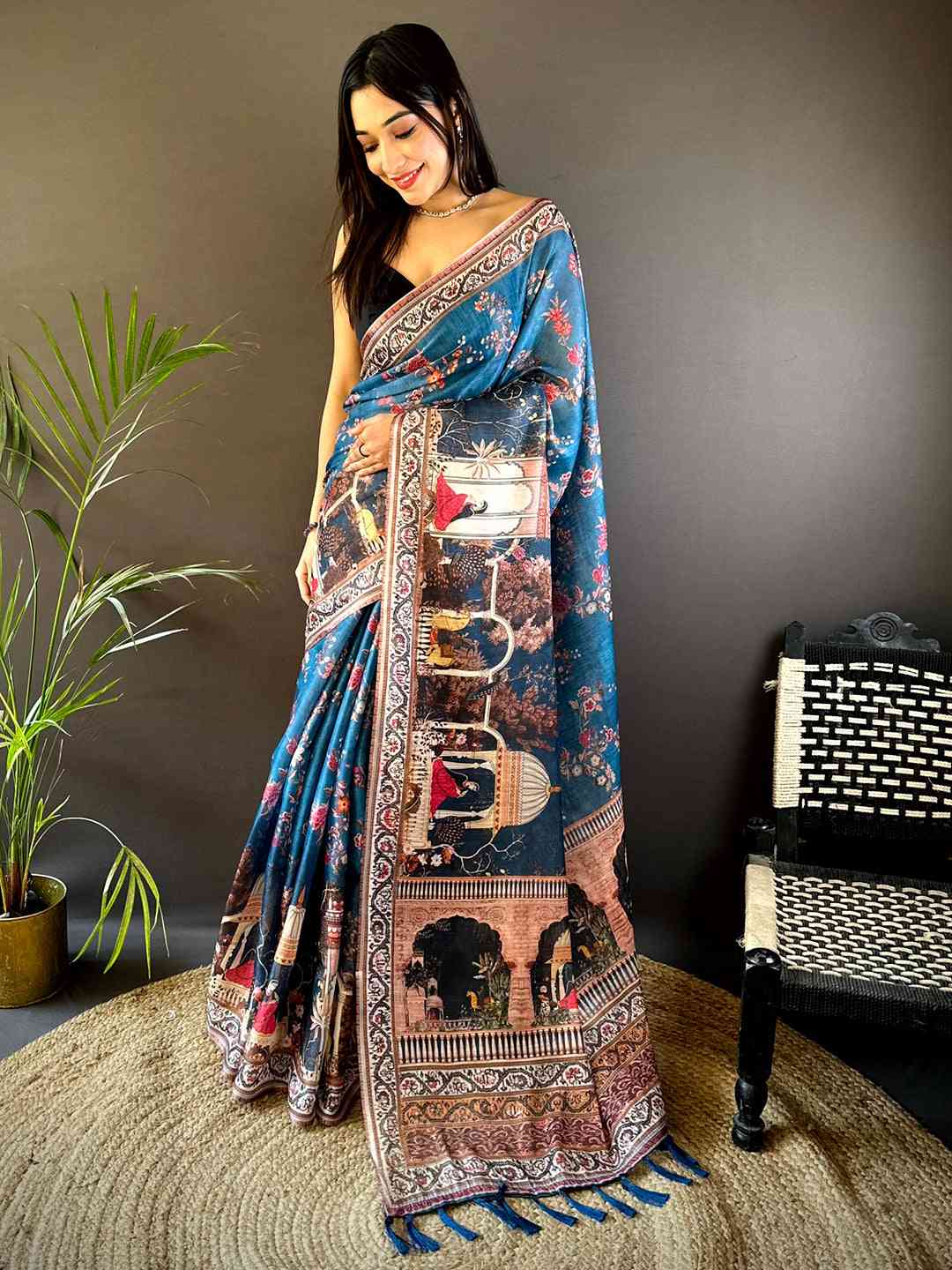 Deep Blue Tissue Chanderi Kalamkari Handprint Saree