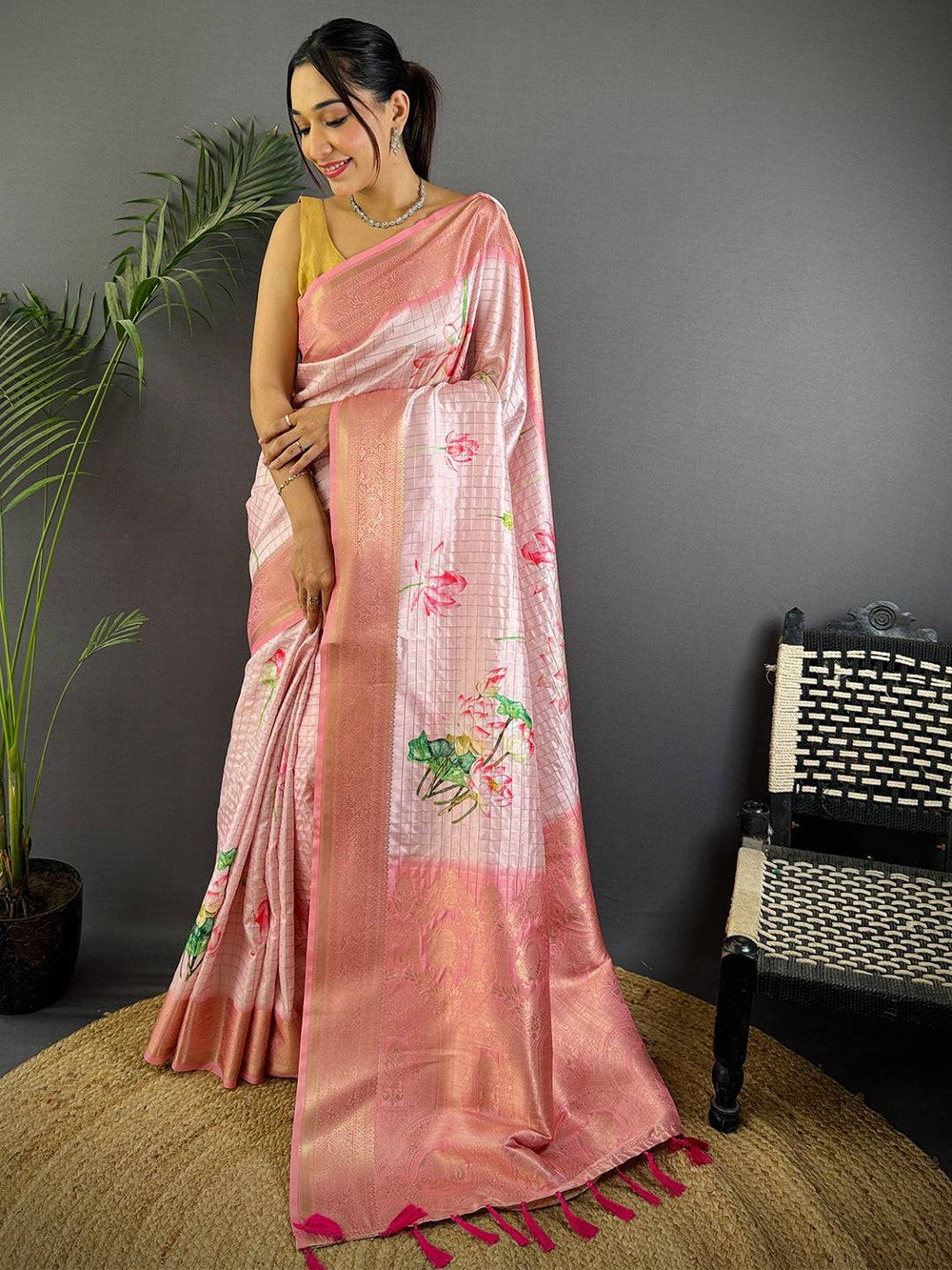 Rose Pink Banarasi Silk Digital Printed Saree