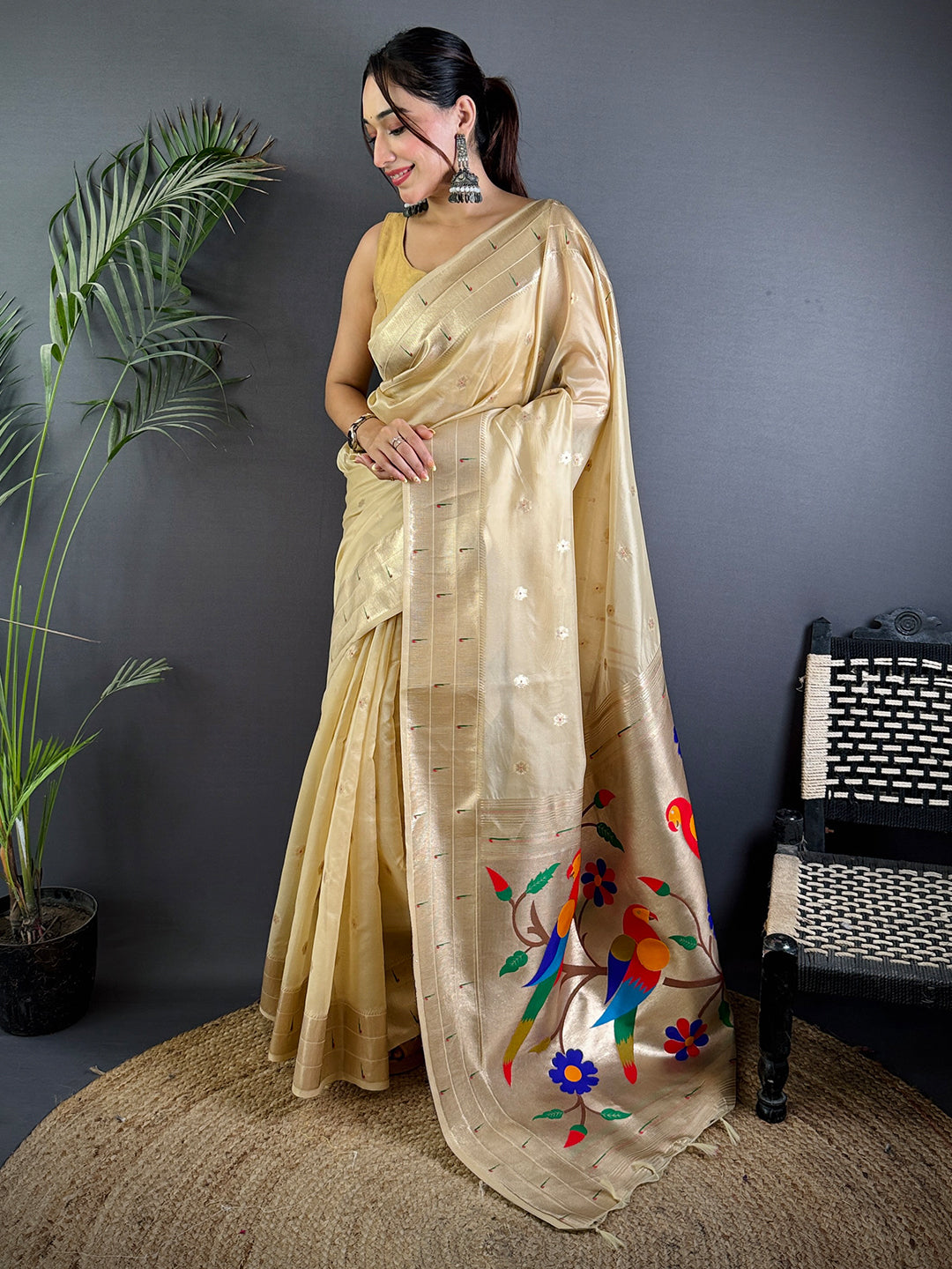 Cream Minakari Weave Soft Organza Paithani Saree
