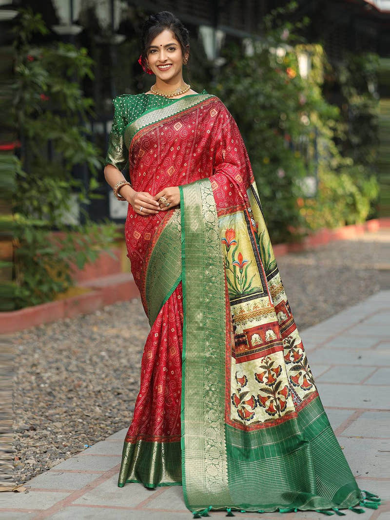 Red Colour Viscose Dola Silk Saree With Mughal Motifs - Luxe