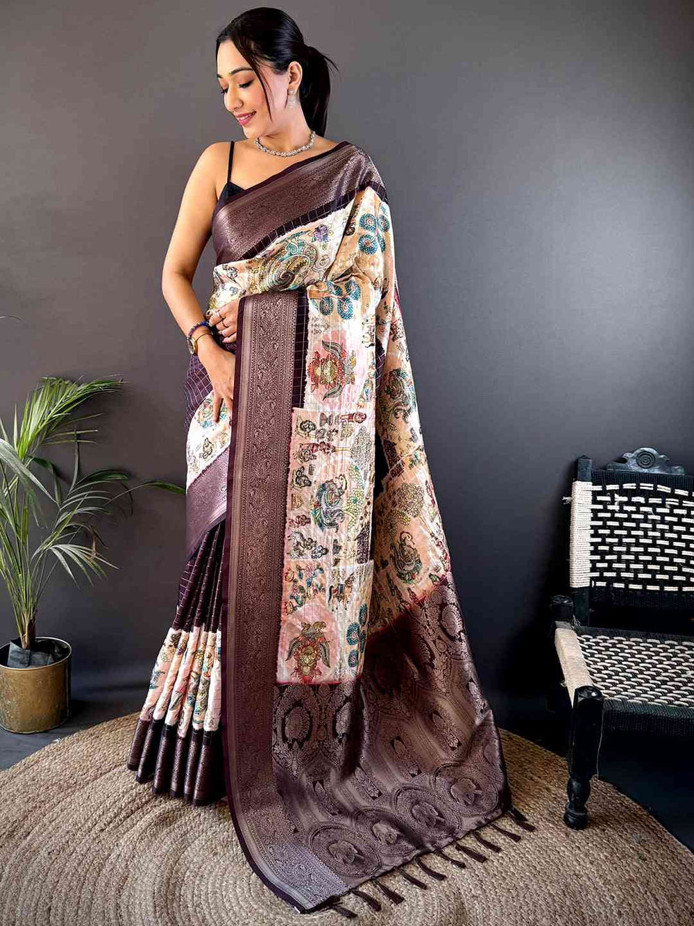 Artisanal Brown Silk Blend Kalamkari Saree