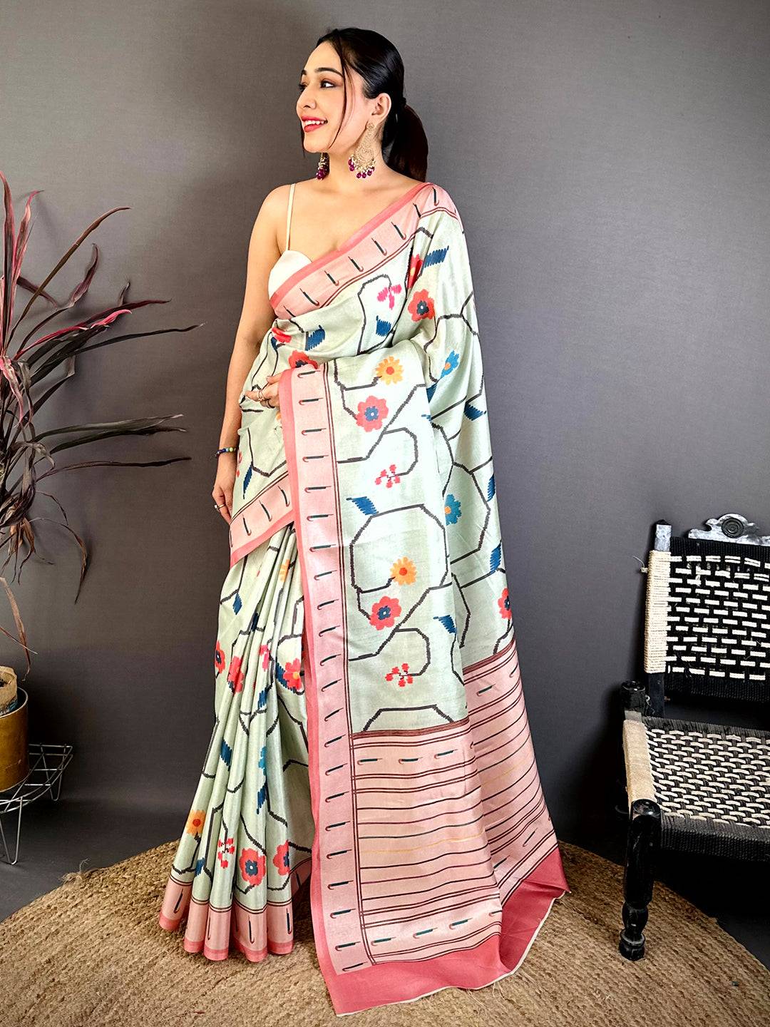Royal Tussar Ikkat Meenakari Print Saree