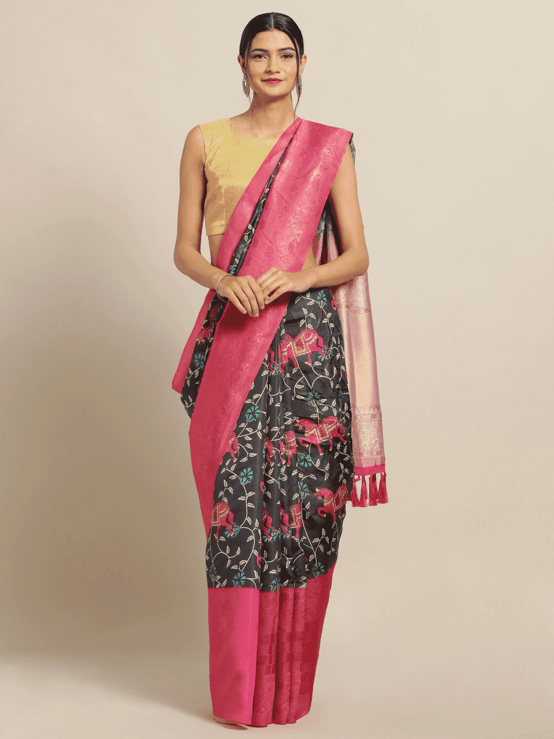 Black Colour Banarasi Silk Saree With Ethnic Motifs Work