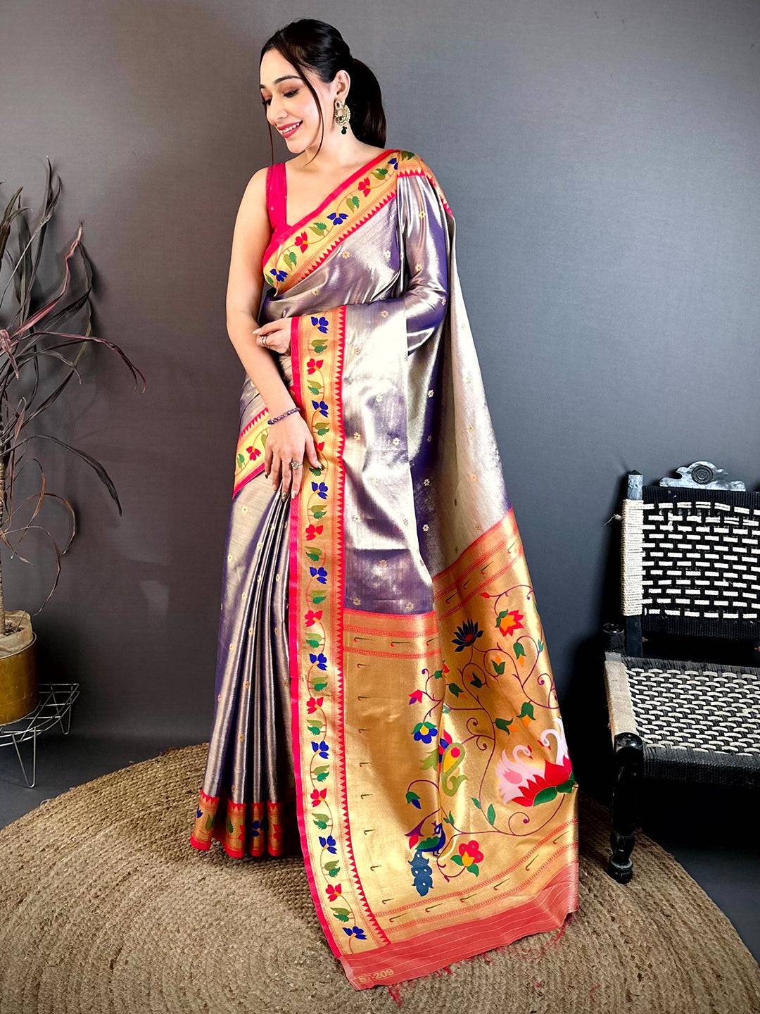 Royal Peach Zari Tissue Paithani Style Saree
