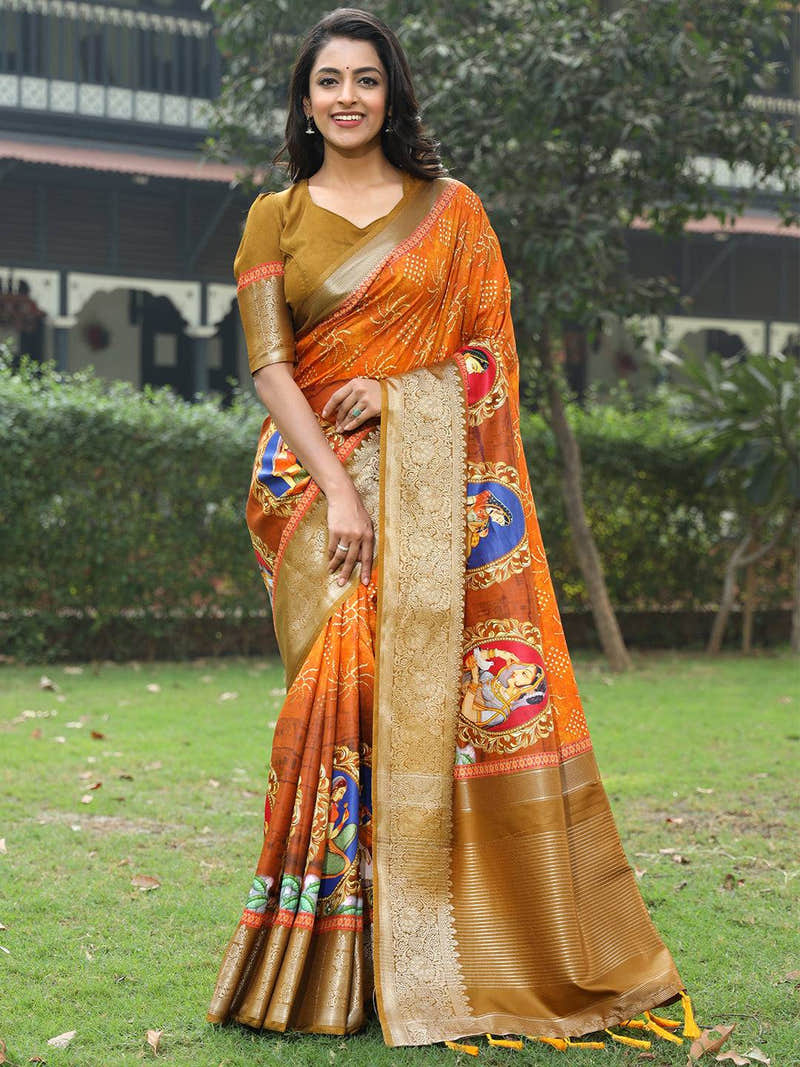 Orange Viscose Dola Silk Saree with Mughal Print Border - Luxe