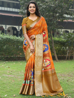 Orange Pure Viscose Dola Silk Saree with Mughal Print Saree