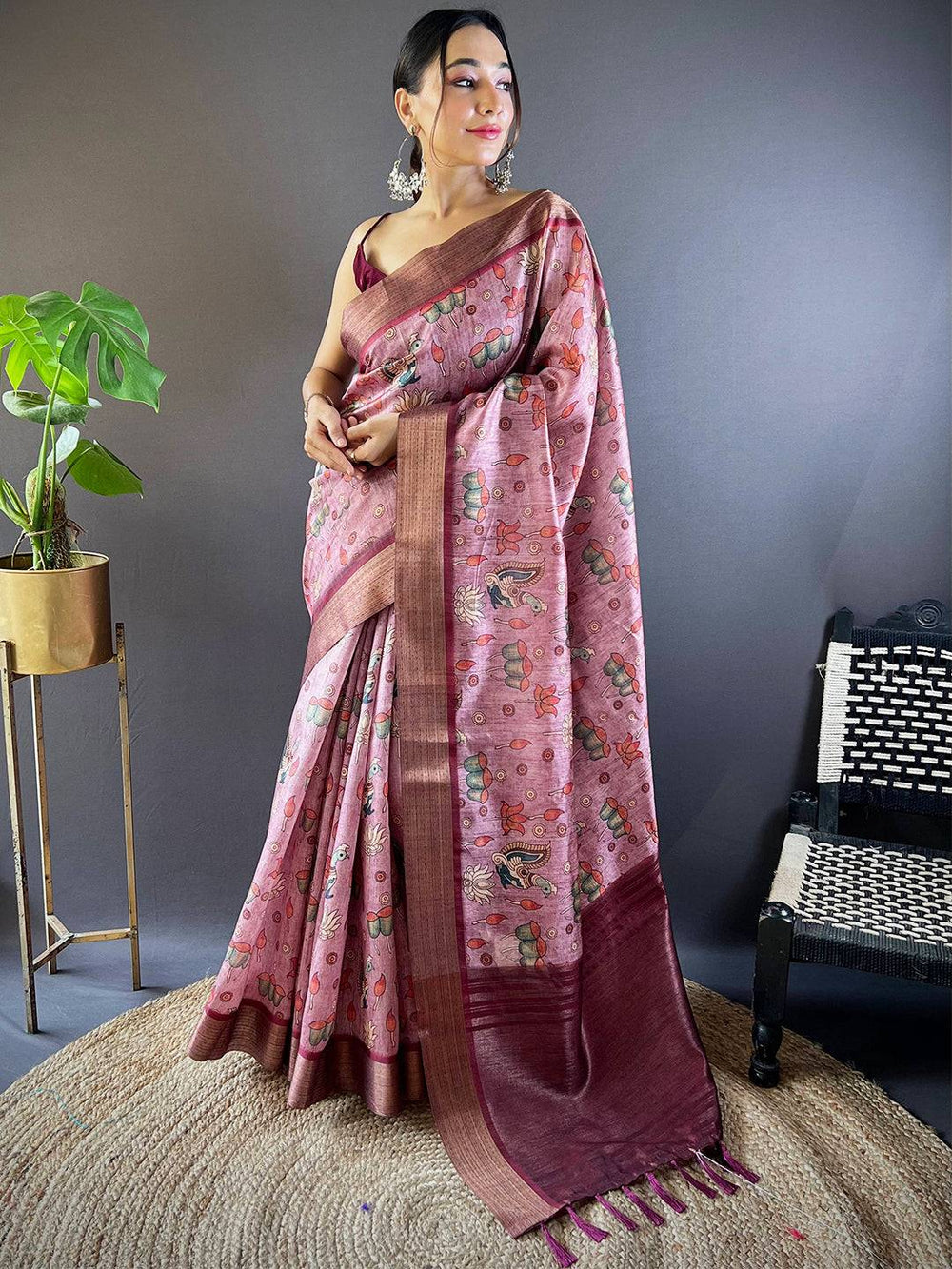 Brown Kalamkari Tussar Silk Saree