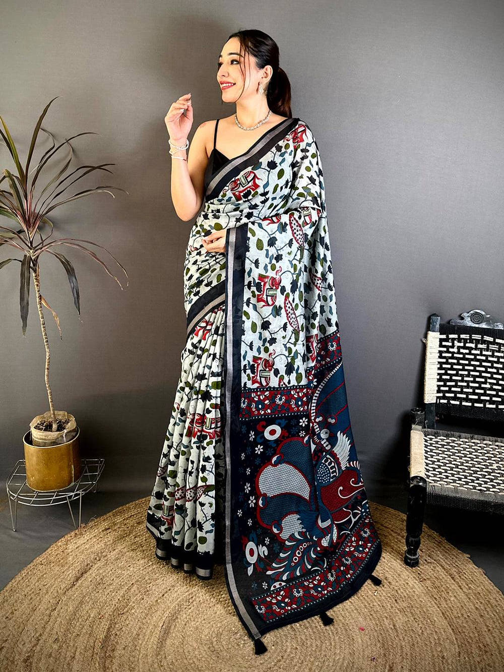 Stylish Mul Cotton Elephant Kalamkari Print Saree