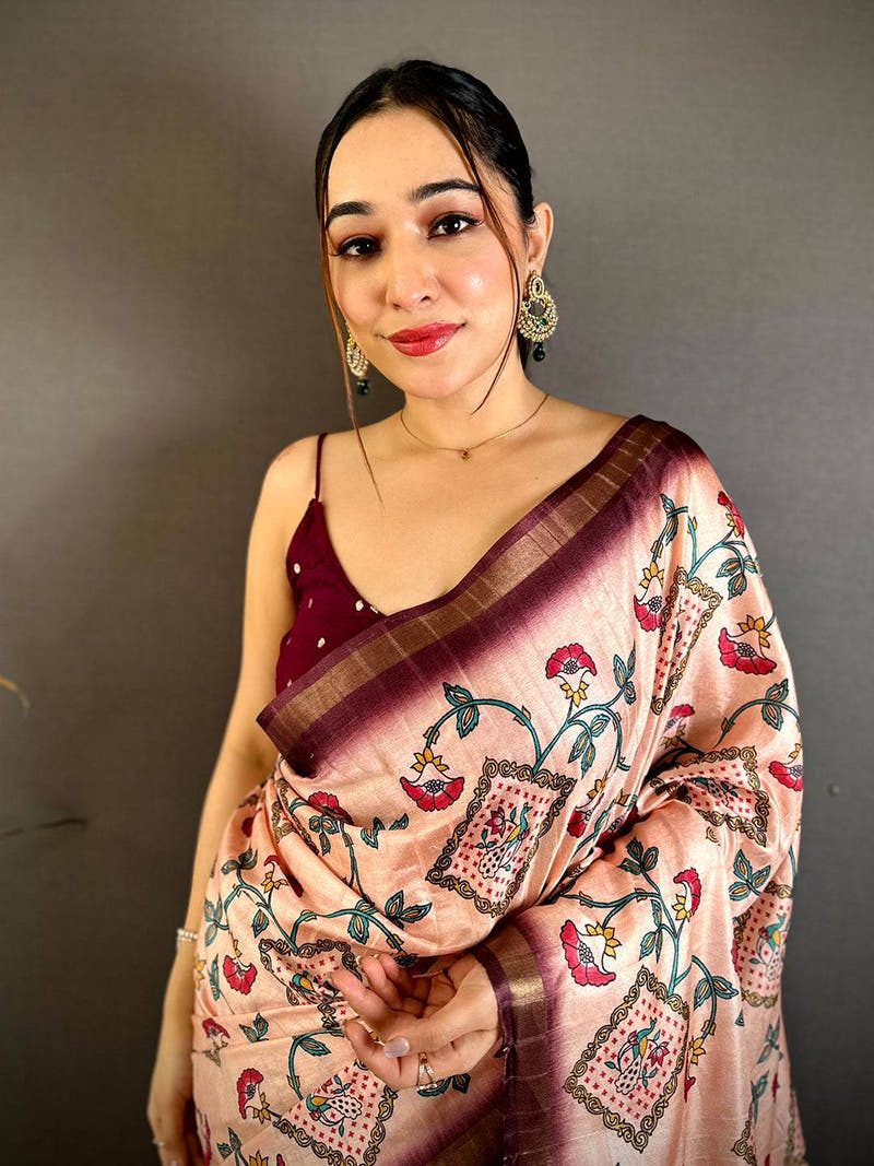 Classic Tussar Ghicha Gold Zari Border Saree