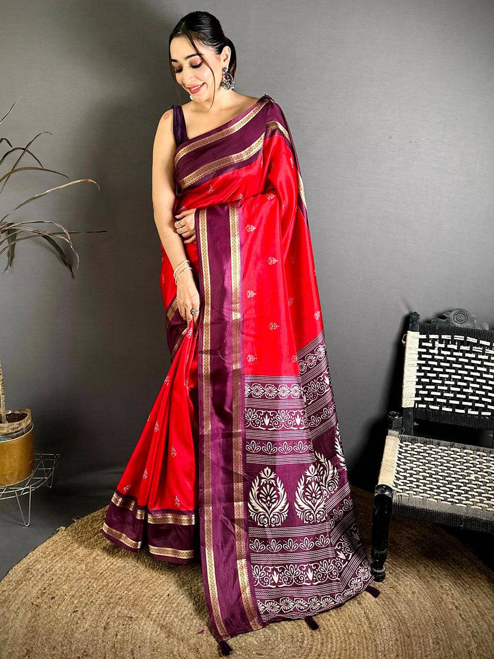 Red Soft Dola Block Print Pallu Saree