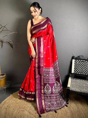 Red Soft Dola Block Print Pallu Saree