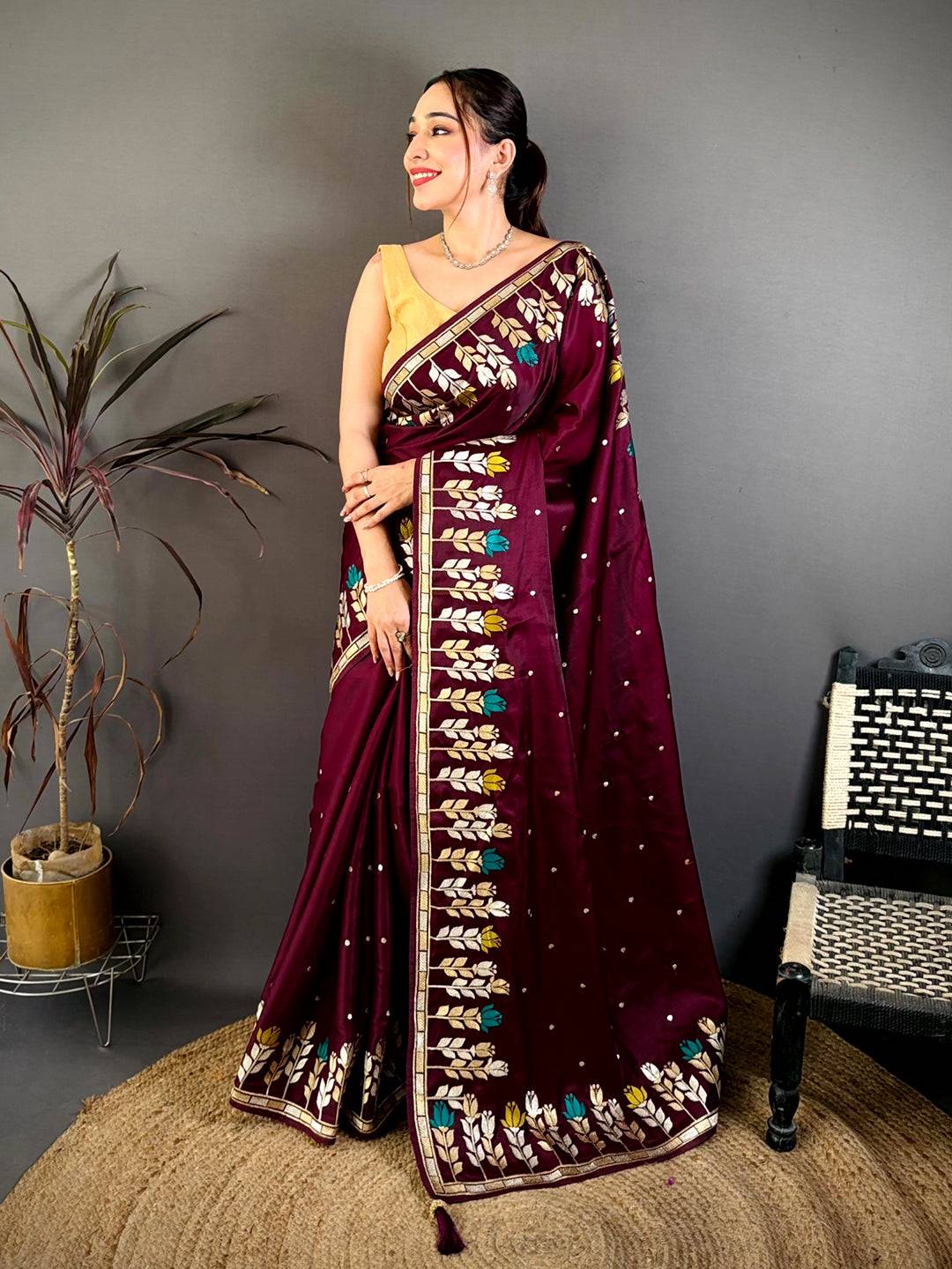 Wine Soft Satin Minakari Aari Work Saree