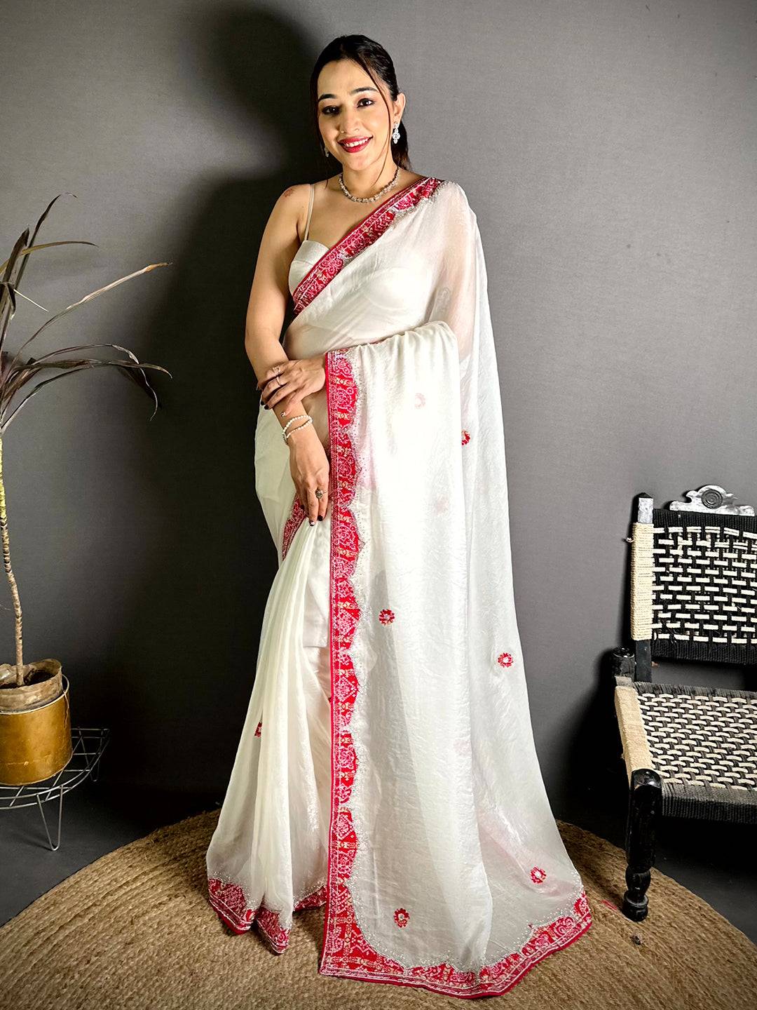 Classic Bandhej Border Chinnon Silk Saree