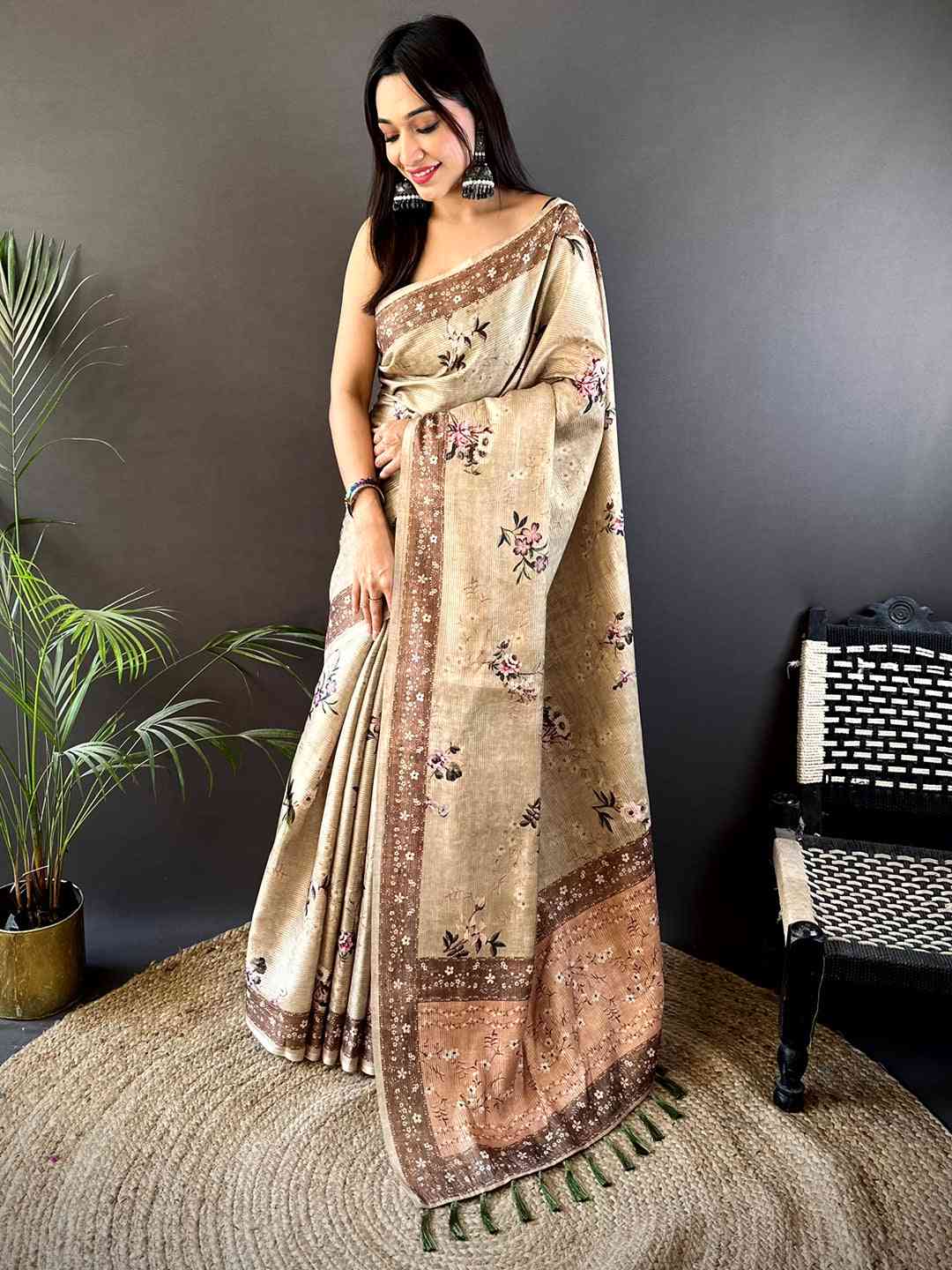 Beige Zari Tussar Floral Print Saree