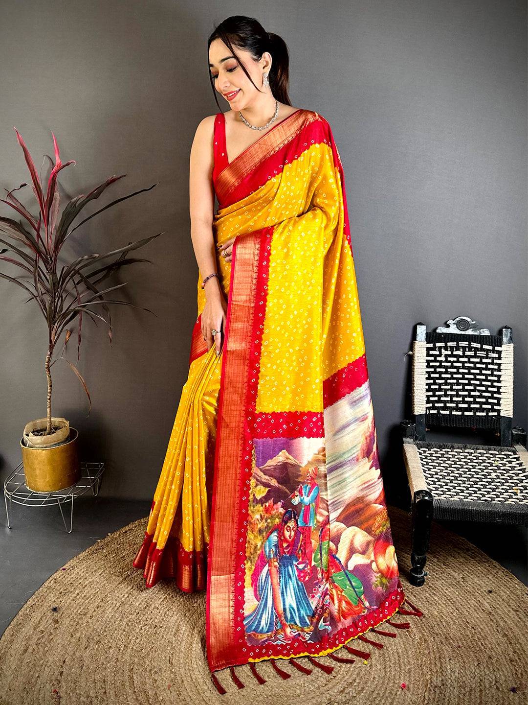 Yellow Bandhej Fusion Dola Print Saree