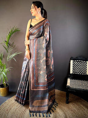 Grey Chanderi Floral Kalamkari Digital Print Saree