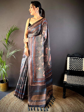 Grey Chanderi Floral Kalamkari Digital Print Saree
