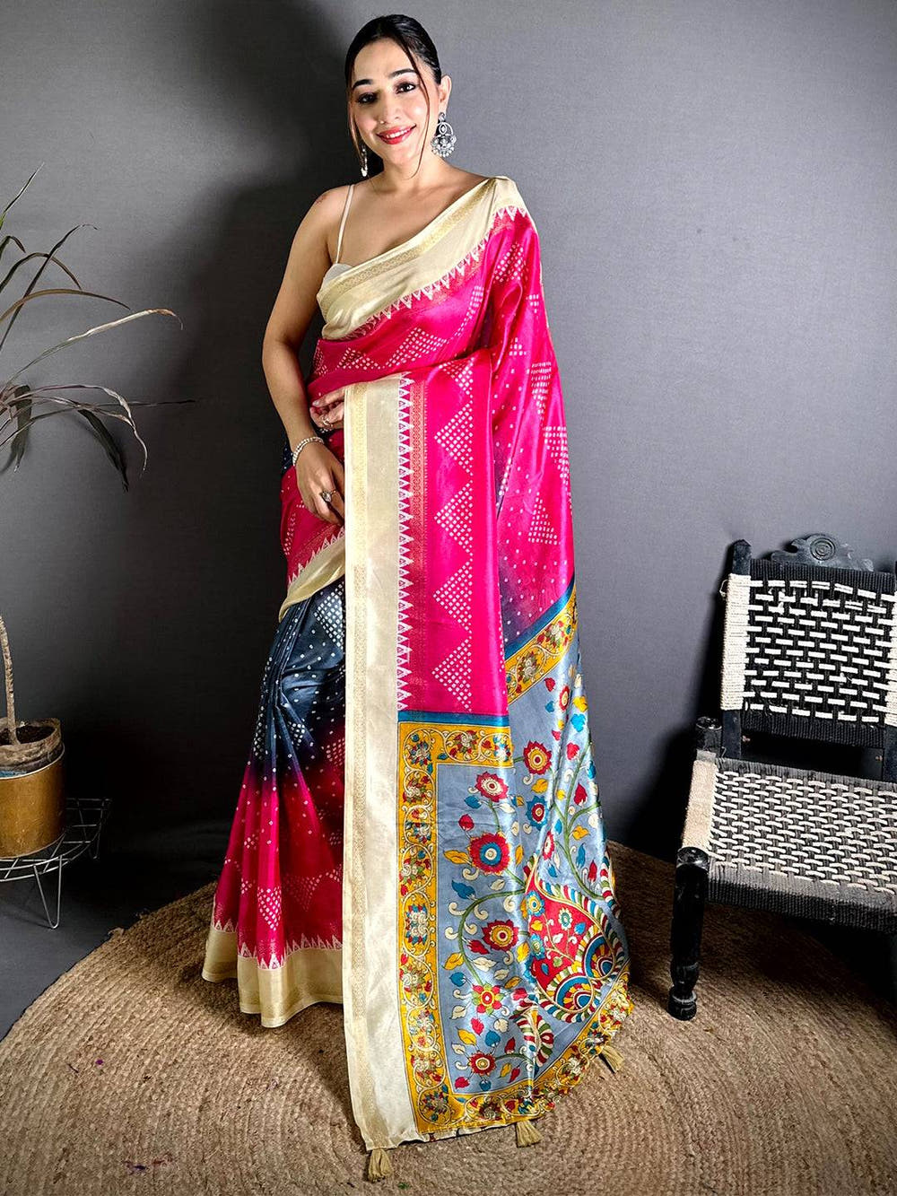 Classic Kalamkari Pallu Bandhej Print Saree 