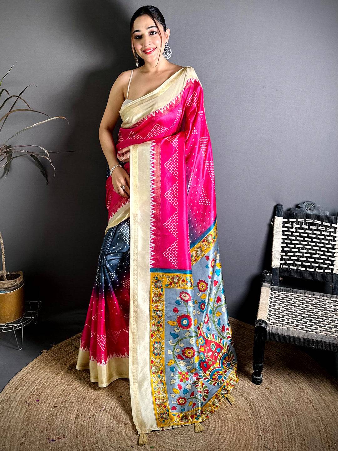 Classic Kalamkari Pallu Bandhej Print Saree 