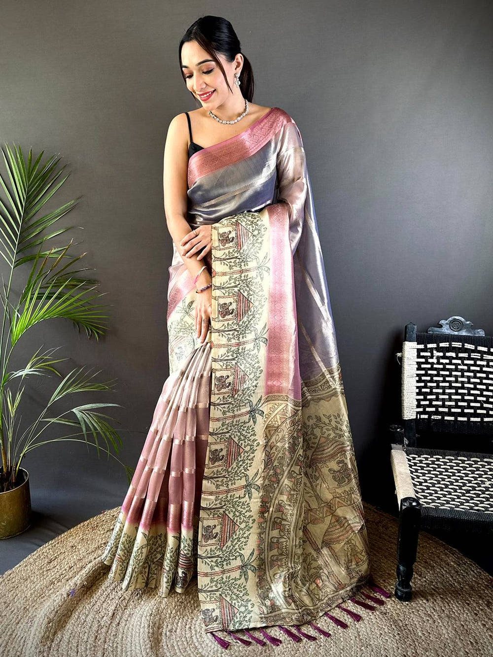 Pink Tissue Madhubani Print Saree