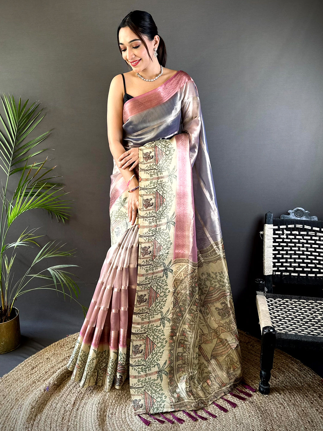 Pink Tissue Madhubani Print Saree