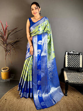 Lime Green Dharmavaram Double Ikkat Saree