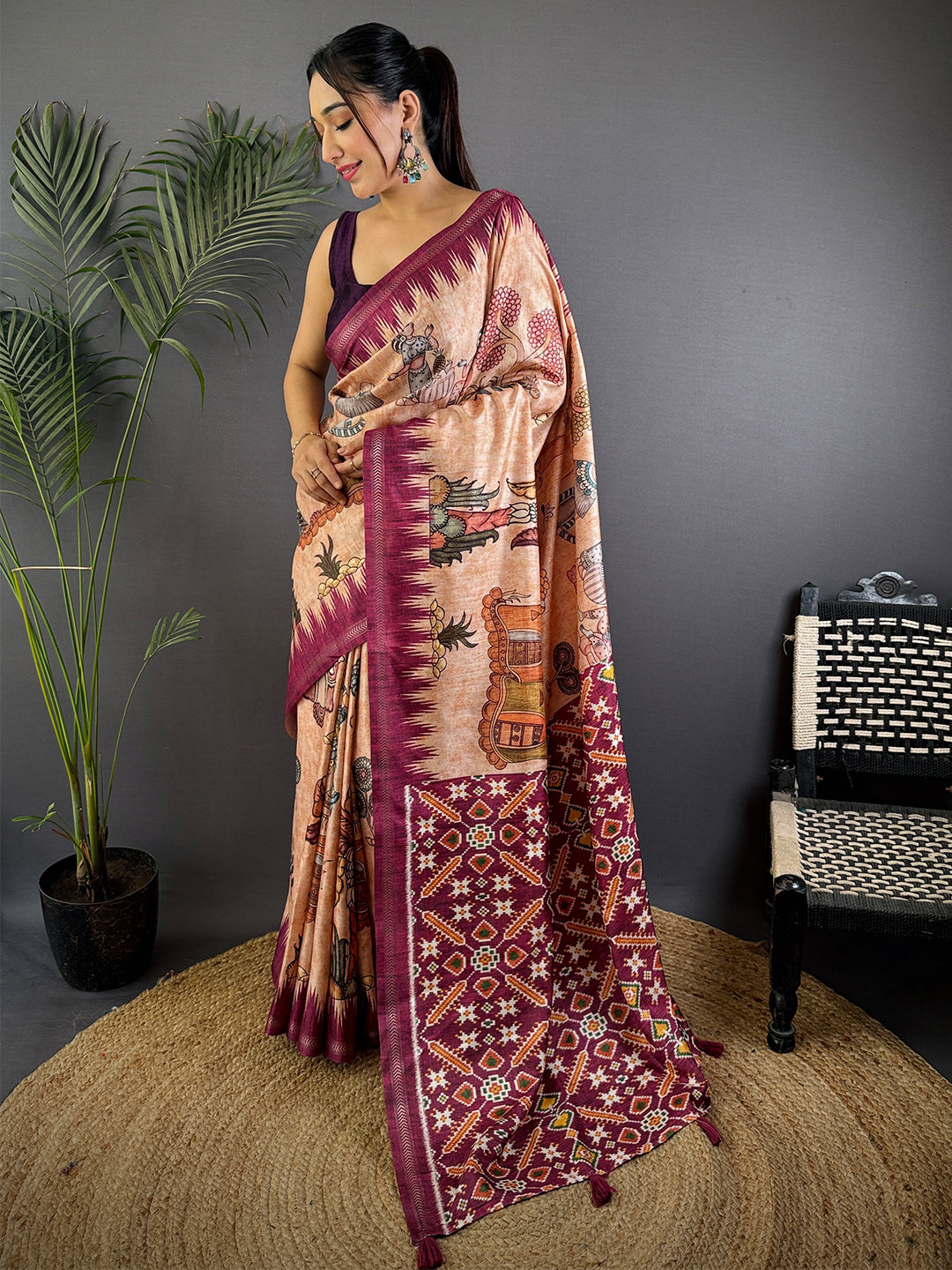 Light Peach Tussar Silk Kalamkari Printed Saree
