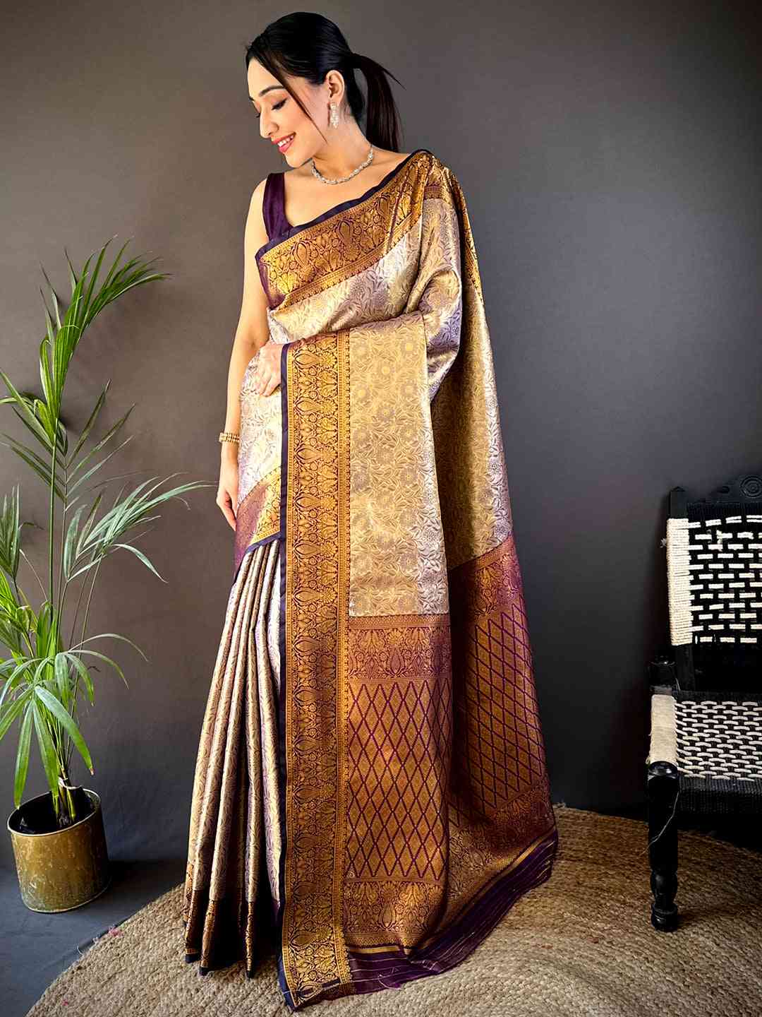 Gold Zari Floral Saree in Black