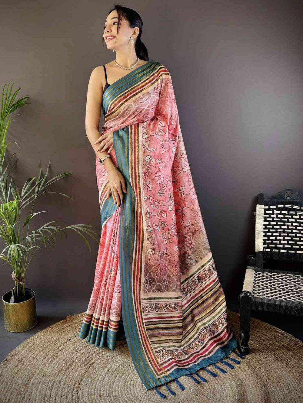 Baby Pink Kalamkari Floral Printed Silk Saree