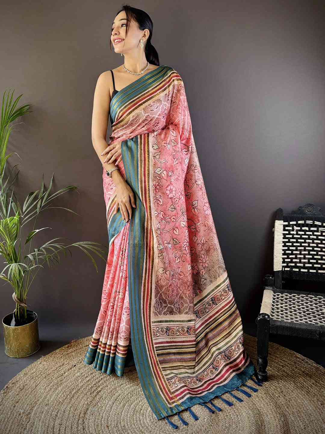 Baby Pink Kalamkari Floral Printed Silk Saree
