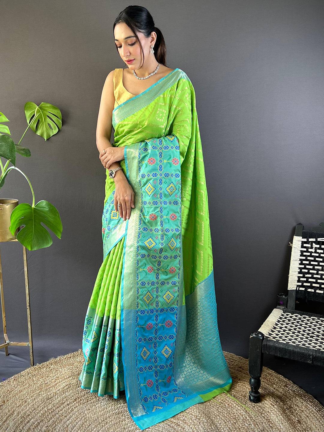 Perot Green Katan Silk Ikkat Saree