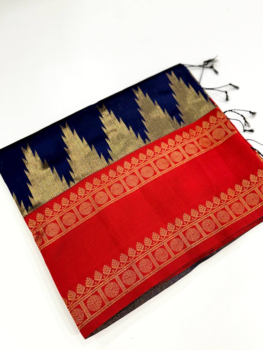 Navy Blue Rudraksha Temple Weave Katan Silk Saree