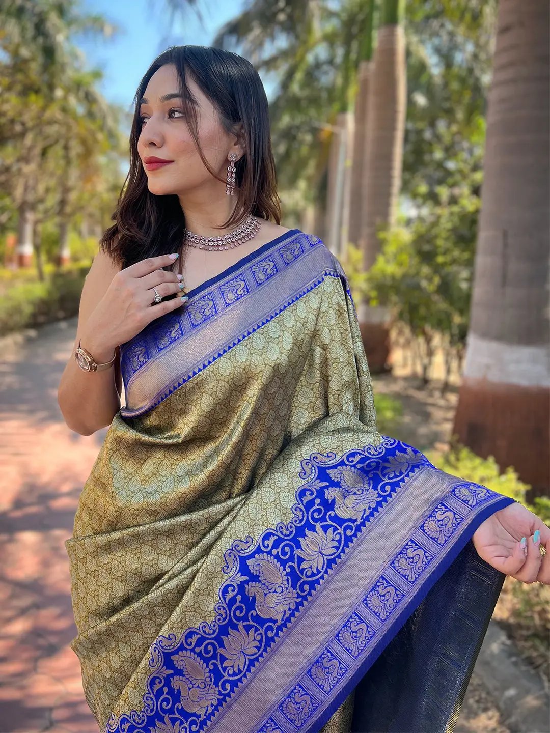 Close-up of olive Kanjivaram saree with intricate design