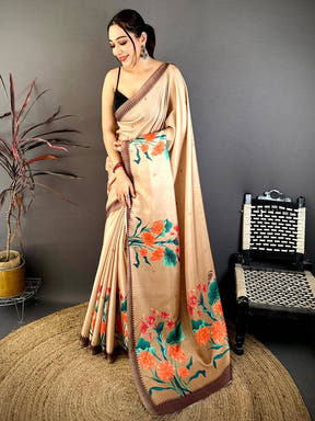 Stylish Beige Tussar Floral Print Saree


