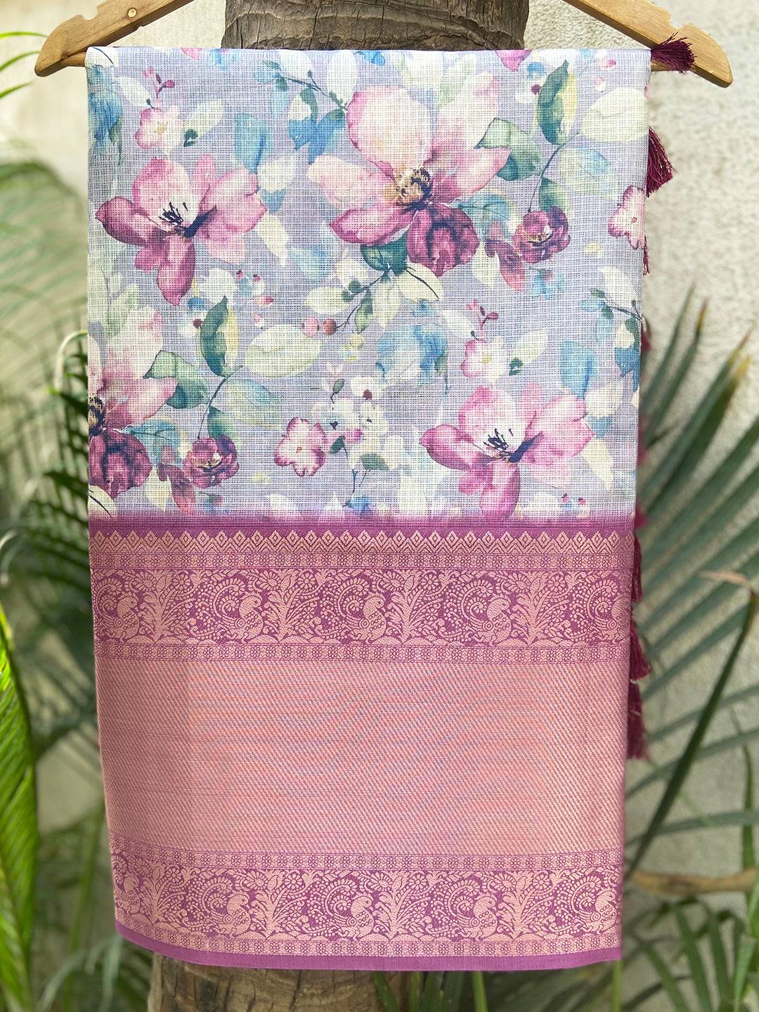 Lavender Kota Doriya Saree Flower Digital Print With Zari Pattu Border