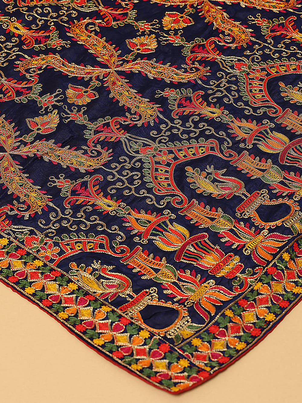Close-up of navy dupatta with detailed threadwork design