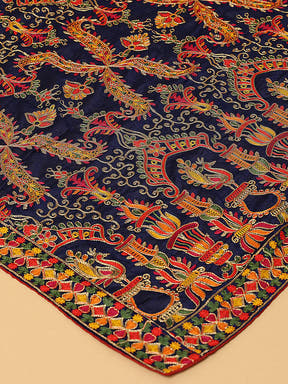 Close-up of navy dupatta with detailed threadwork design