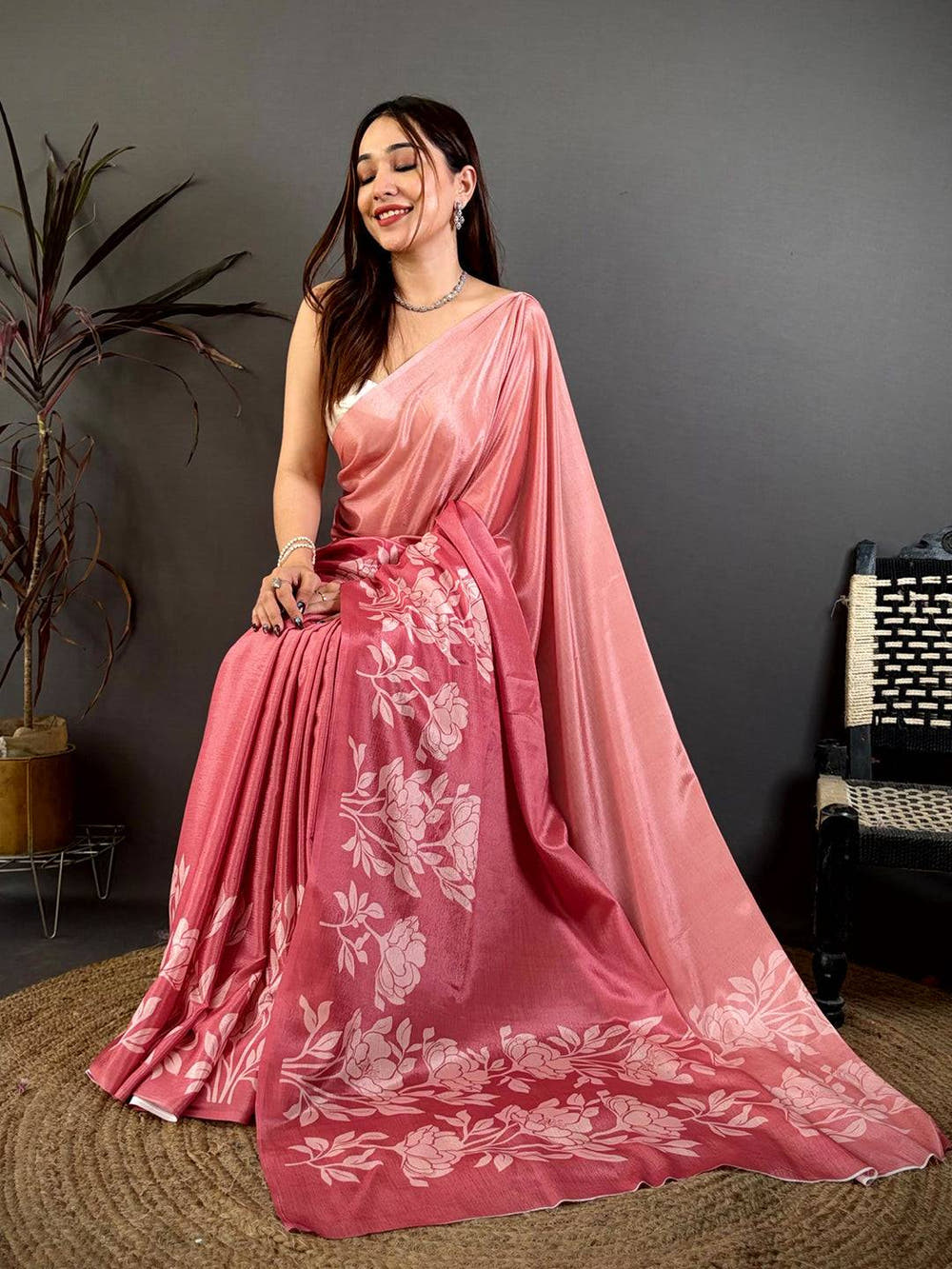Soft Chinnon Ombre Floral Print Saree