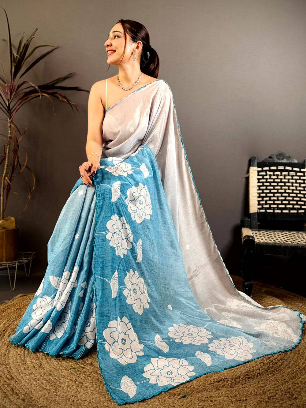 Royal Floral Print Embroidered Chinnon Saree